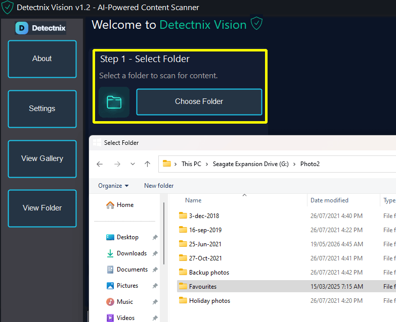 Select a folder in Detectnix Vision