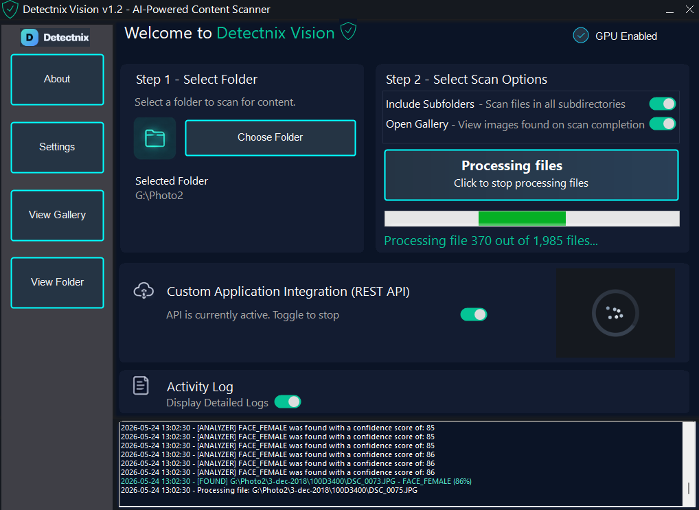 Detectnix Vision AI adult content scanning software running on Windows